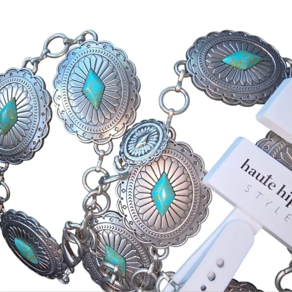 Haute Hippie Silver and Turquoise Chain Concho Belt New